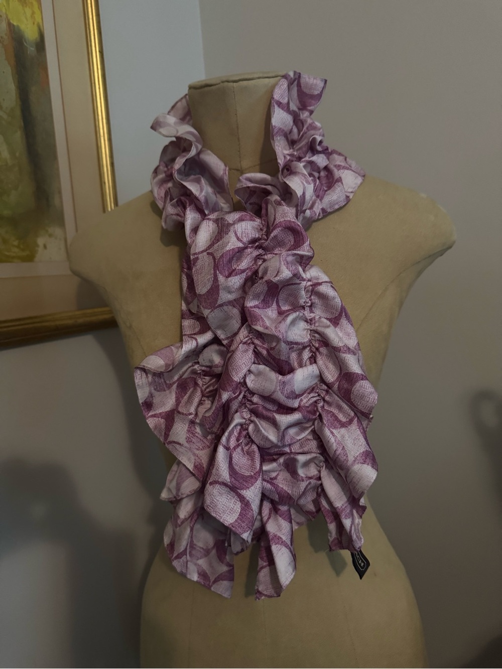 Coach Ruffled Silk Pink Signature C Print Women's Scarf